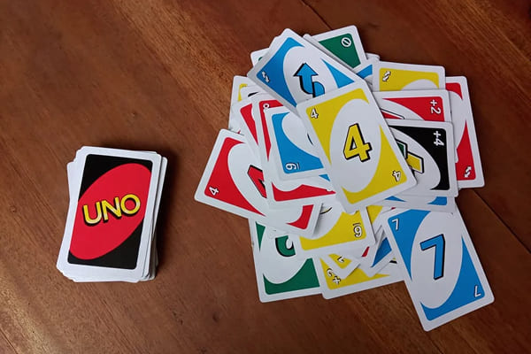 UNO cards spread out on a tabletop